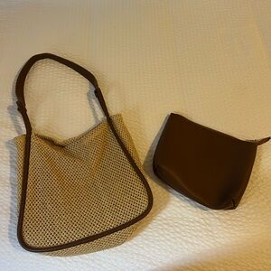 Rattan and Faux Leather Tote w/ Removable Pouch